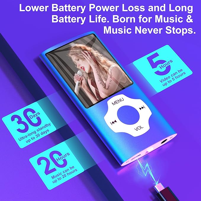 Portable 64GB MP3 Player with Bluetooth, MYMAHDI 1.8" HD LCD Screen MP4/MP3 Player Up to 128GB, Music Player with Video, Music, FM Radio, E-Book Reader, Voice Record, Photo Viewer, Darkblue-StrideForce Fitness