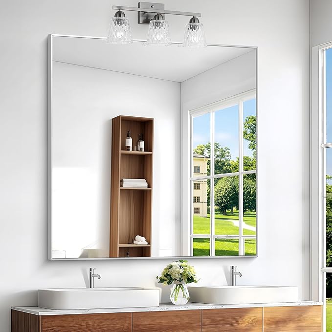 Silver Bathroom Mirror,48x48 inch Wall Mirror for Bathroom Wall Mounted,Large Rectangle Mirror for Bathroom Over Sink,Modern Metal Frame for Living Room,Bedroom Entryway,Horizontal/Vertical-StrideForce Fitness