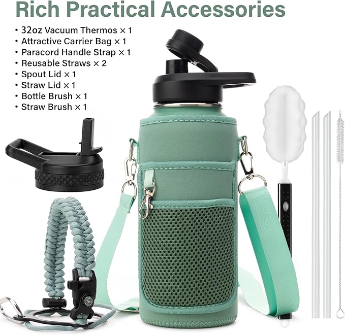 Insulated Water Bottle | Thickened Stainless Steel Vacuum Metal | Portable Sports Water Jug for Gym and Hiking with Straw, Carrier Bag, Handle Strap | BPA-Free 32 oz-StrideForce Fitness
