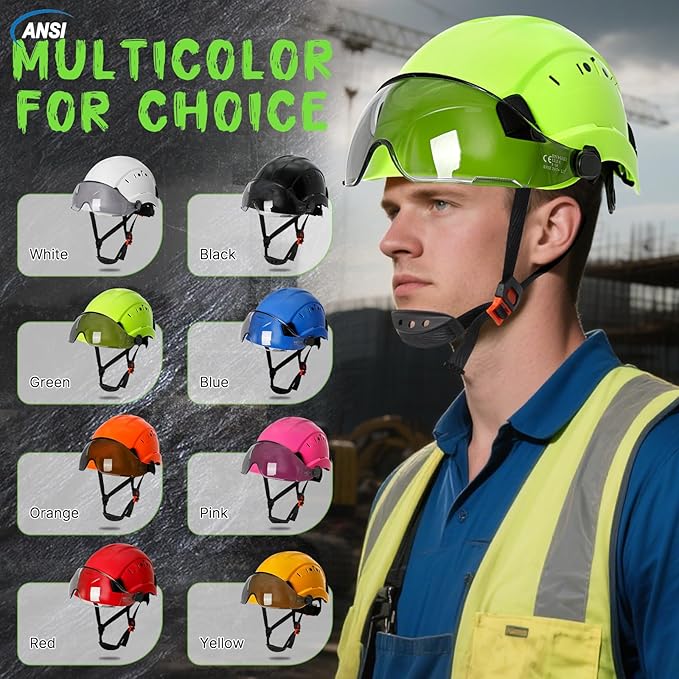 Aolamegs Construction Hard Hats for Adults - Hard Hats Construction OSHA Approved with Smoke Visor for Men Women ANSI Z89.1 Vented Safety Helmet, Hard Hat with Chin Strap,6 Point Suspension （Green-StrideForce Fitness