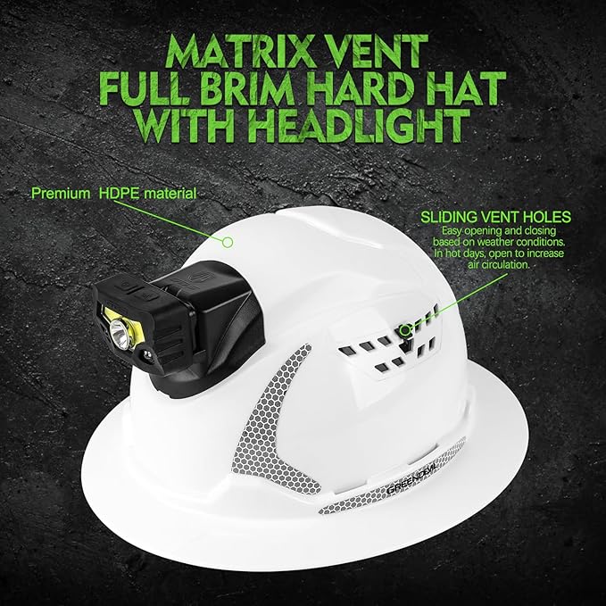 GREEN DEVIL Matrix Full Brim Hard Hat with Headlight Vented Construction Safety Helmet OSHA Approved Cascos De Construccion Work Hardhat for Men&Women-StrideForce Fitness
