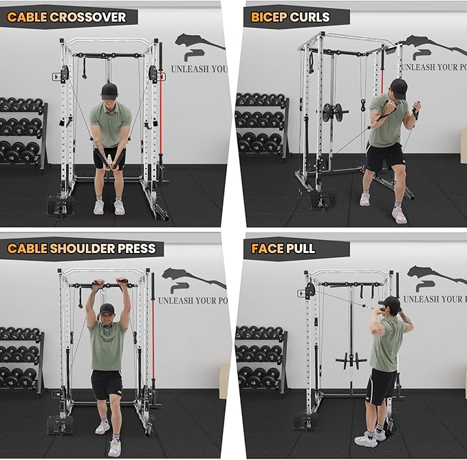 GaveeLife Power Cage, 2000 LBS Power Rack with Cable Cross-Over System, Multi-Functional Strength Training Squat Rack with LAT Pull Down System, Home Gym Equipment with Training Attachment, Red-StrideForce Fitness