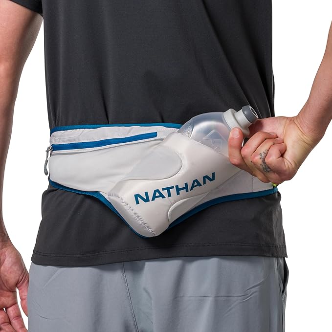 Nathan Peak Running Hydration Waist Pack Belt w/ Speed Draw Flask Water Bottle, 18oz/535 ml Push/Pull Race Cap, Expandable Zippered Stretch Pocket-StrideForce Fitness