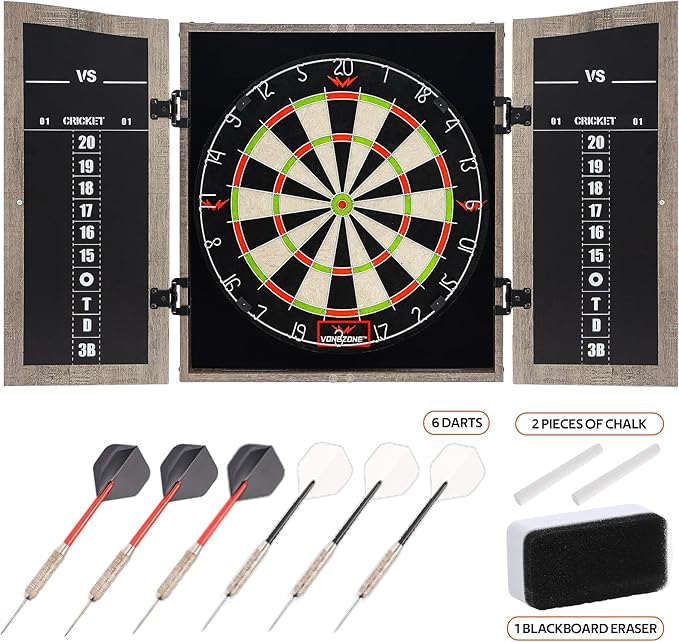 Dartboard Cabinet Set - Easy Assembly One Piece Sports Hemp Dartboard Scoreboard - Play Immediately - 6 Dart Chalk Set for Home Game Bar Accessories, Gray-StrideForce Fitness