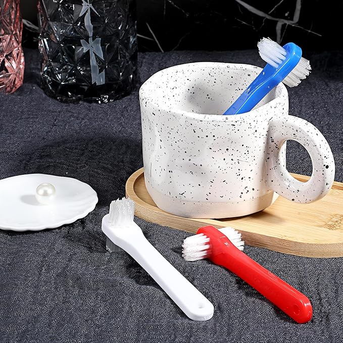 6 Pack Denture Brush, Portable Dual Headed Firm Hard Denture Toothbrush for Bristle, Toothbrush for Dentures, Clear Braces and Mouth Guards (Blue Red White)