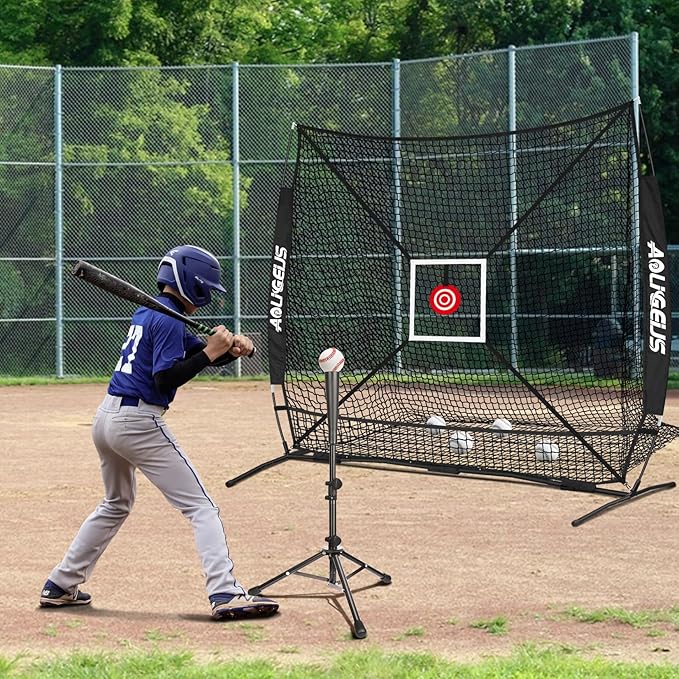 6'X6' Baseball Softball Practice Net with Batting Tee and Ball Caddy, Bonus Strike Zone Target and Bow Frame, for Hitting, Pitching, Catching-StrideForce Fitness