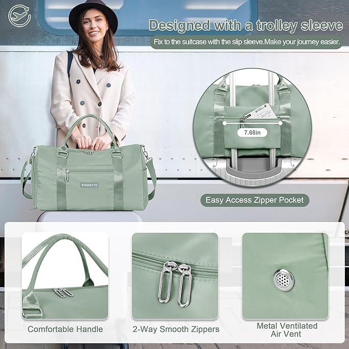 FIORETTO Womens Gym Tote Duffle Bag with Toiletry Bag, Sports Duffel Overnight Hospital Workout Carry on for Girls with Wet Pocket & Shoe Compartment, Ideal for Travel, Swimming, Celadon-StrideForce Fitness