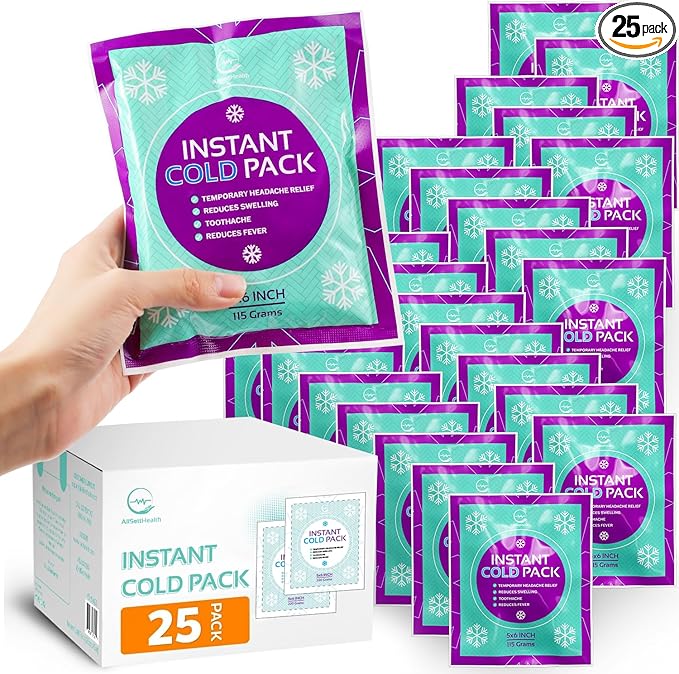 Instant Ice Cold Pack (6” x 5”) - 25 Packs Disposable Instant Ice Packs for Injuries | Cold Compress Ice Pack for Pain Relief, Swelling, First Aid, Toothache, & Outdoor Activities -Subscribe & Save-StrideForce Fitness