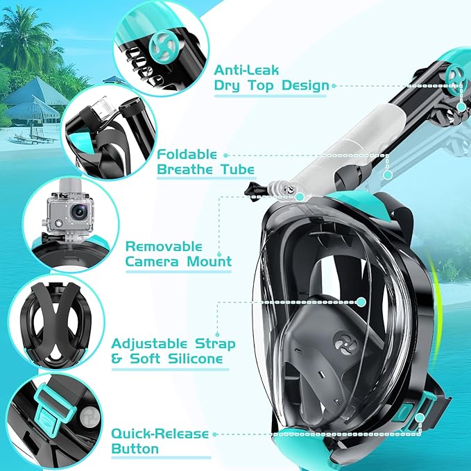 Full Face Snorkel Mask, Snorkeling Gear for Adults Men and Women, 180 Degrees Panoramic View Snorkel Set Anti-Fog Anti-Leak, Dry Top System and Travel Bag for Swimming, Snorkeling-StrideForce Fitness