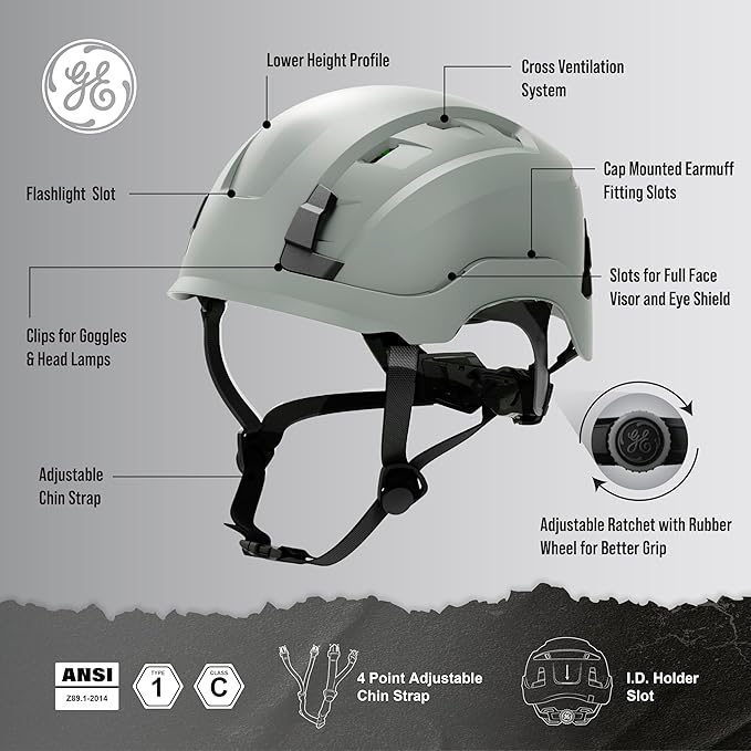 GE Safety Helmet, Impact Absorbing Tech, Adjustable Ratchet, ANSI Type 1, Memory Foam Padding, Hard Hats Protection, Lightweight, Durable, Chin Strap, Comfortable Fit OSHA Approved-StrideForce Fitness