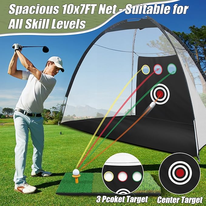 10x7FT Golf Practice Net for Backyard Indoor Outdoor Training, Golf Hitting Net with 3-Color Turf Mat, 5 Golf Balls and Tee, Perfect for Driving, Chipping and Swing Practice-StrideForce Fitness