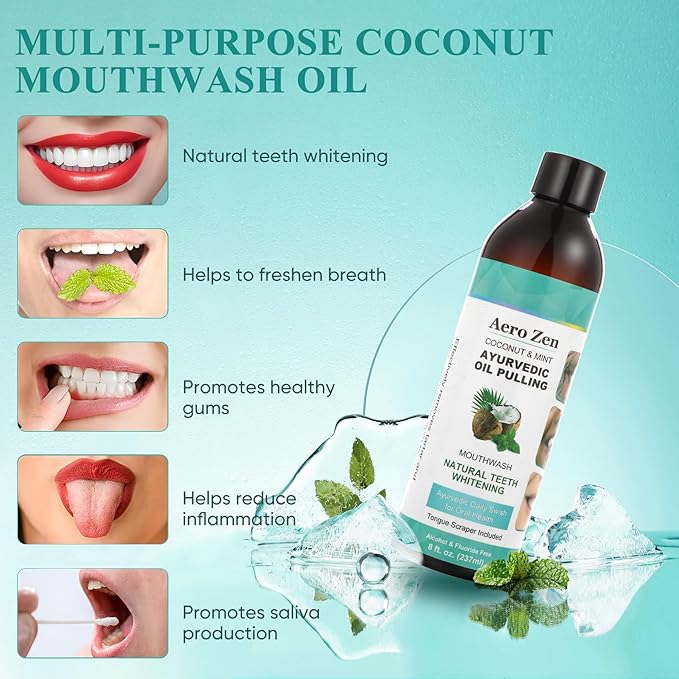 2-Pack Coconut Oil Pulling Mouthwash with Peppermint - Alcohol-Free Oral Care - Fresh Breath Solution - Organic Essential Oils Formula with Tongue Scraper - Gum Health Treatment - 237ML
