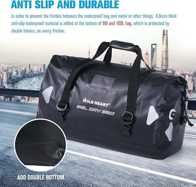 WILD HEART Waterproof Motorcycle Duffel Bag PVC500D Double-bottom With Rope Straps and Inner Pocket 40L 66L 100L for Kayaking, Camping, Boating,Motorcycle-StrideForce Fitness