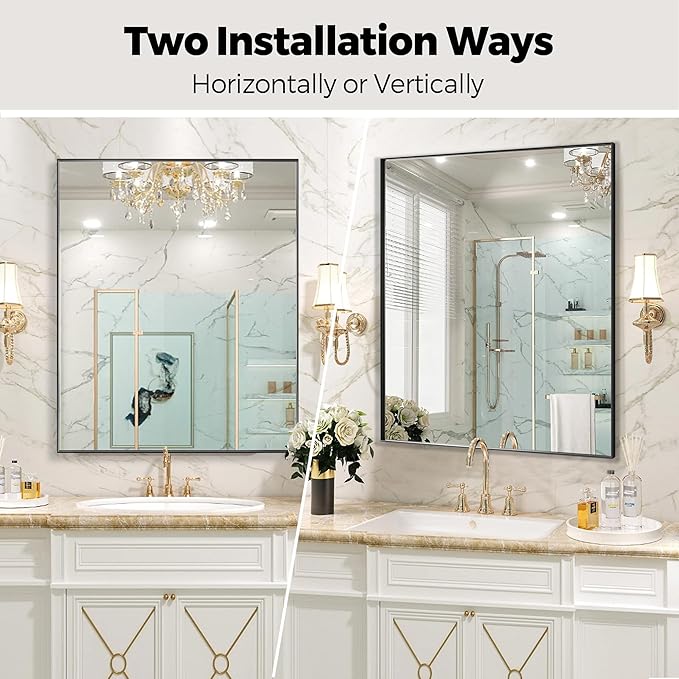 24x30 Inch Black Bathroom Mirror for Wall, Aluminum Frame Rectangle Rectangular Vanity Mirror, Modern Large for Bedroom, Living Room, Horizontal or Vertical-StrideForce Fitness