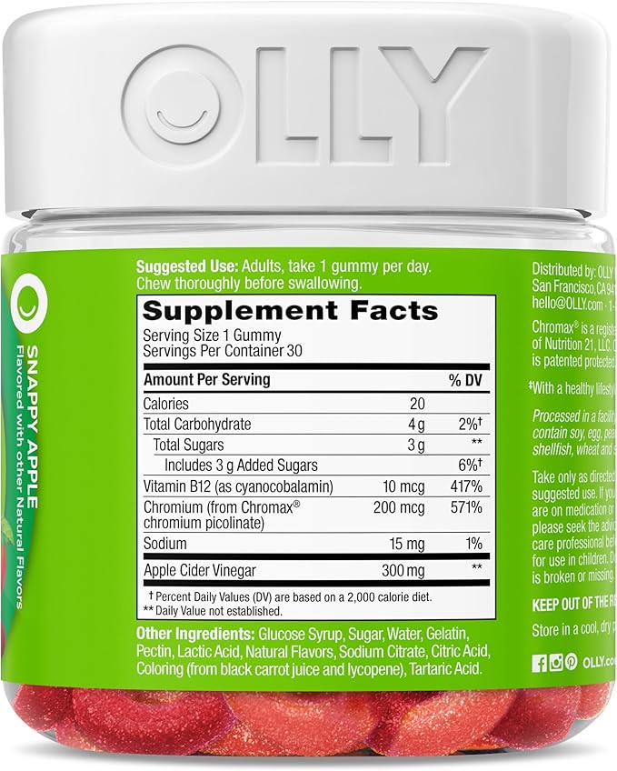 OLLY Metabolism Gummy Rings, Apple Cider Vinegar, Vitamin B12, Chromium, Energy and Digestive Health, Chewable Supplement, Apple Flavor - 30 Count-StrideForce Fitness