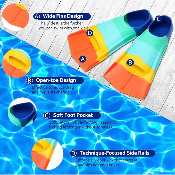 Kids Swim Fins,Short Kids Fins Youth Swimming Flippers for Lap Swimming Training for Children Girls Boys Beginners-StrideForce Fitness