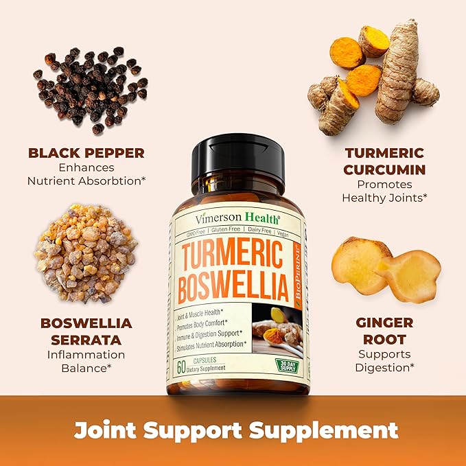 Turmeric Supplement with 65% Boswellia Extract Capsules - Turmeric Curcumin Supplement 95% Curcuminoids - Boswellia Serrata, Black Pepper, Organic Turmeric and Ginger Root Capsules - 60 Tumeric Caps-StrideForce Fitness