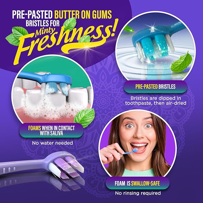 GuruNanda 6-in-1 Ready-to-Go Disposable Toothbrush, Pre-Pasted Butter on Gums Softex Bristles, Floss & Toothpick, Tongue & Cheek Cleaner, Individually Wrapped & TSA Friendly, 21 Ct