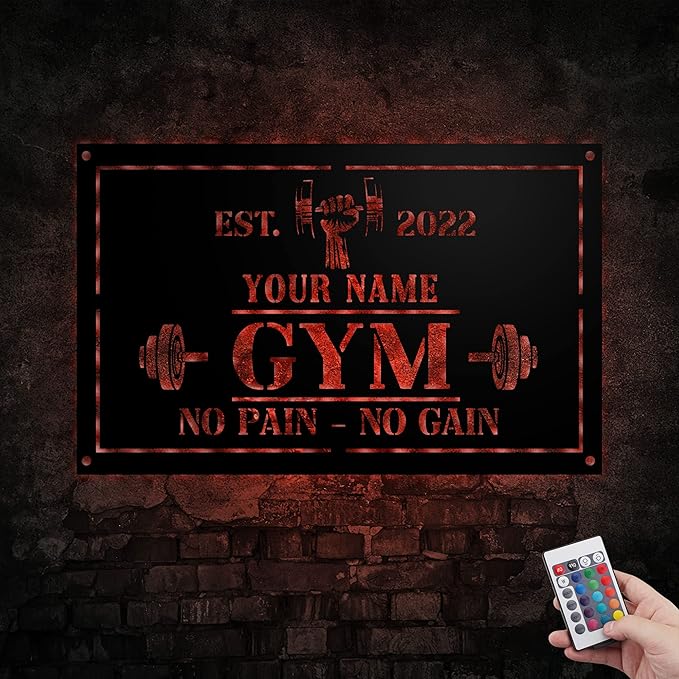 Personalized Home Gym LED Tin Metal Sign Multiple Sizes, Gym Sign Wall Decor, Exercise Workout Room Decor Fitness Center, Motivational Inspirational Hanging Wall Art Wall Plaque (01 w/lights)-StrideForce Fitness