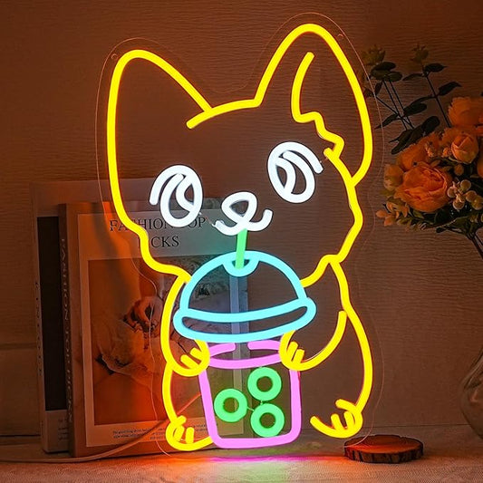 Corgi Neon Sign Bubble Tea Neon Light for Wall Decor Colorful Neon Sign Dog Neon Signs for Bedroom Dessert Coffe Shop Store Business Wall Decoration-StrideForce Fitness