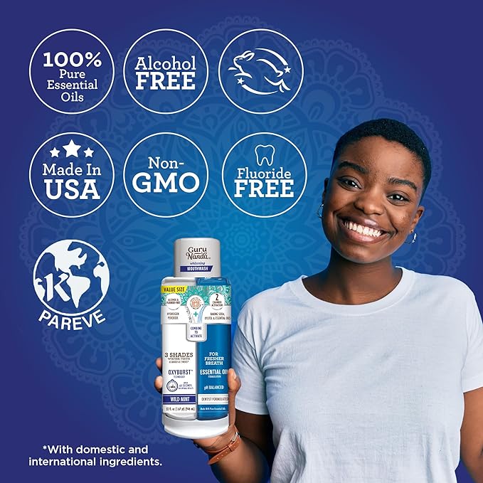 GuruNanda Teeth Whitening Dual Barrel Oxyburst Mouthwash - Alcohol & Fluoride Free, Hydrogen Peroxide to Promote Whiter Teeth - Wild Mint - 32 Fl Oz