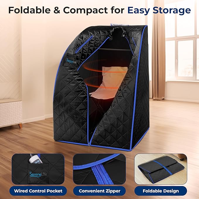 SereneLife Compact & Portable Infrared Steam Sauna, Personal Spa Style Sauna for at-Home Relaxation and Rejuvenation, Easy Access Sit-in Design, Foldable Chair, Energy Efficient, Foot Pad Heating Mat-StrideForce Fitness