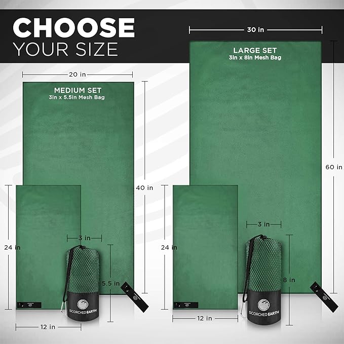 ScorchedEarth Microfiber Travel & Sports Towel Set - Quick Dry, Super Absorbent, Compact, Lightweight - for Camping, Backpacking, Hiking, Beach, Yoga, Swimming - Includes 2 Sizes + Carrying Bag & Clip-StrideForce Fitness
