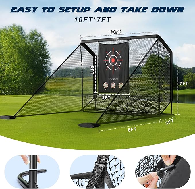 Golf Cage Practice Hitting Net,10x7ft Heavy Steel Frame with 2 Net Side Barriers,for Backyard Driving Chipping Swing Training, Home Range for Indoor& Outdoor.-StrideForce Fitness