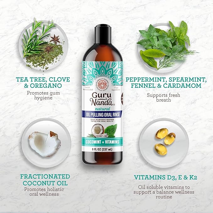 GuruNanda CocoMint Oil Pulling Mouthwash for Complete Oral Hygiene, 7 Essential Oils & Vitamins for Happy Teeth & Gums & Fresh Breath, with 2 Toothbrushes & 2 Tongue Scrapers, Alcohol-Free, 3X8 oz