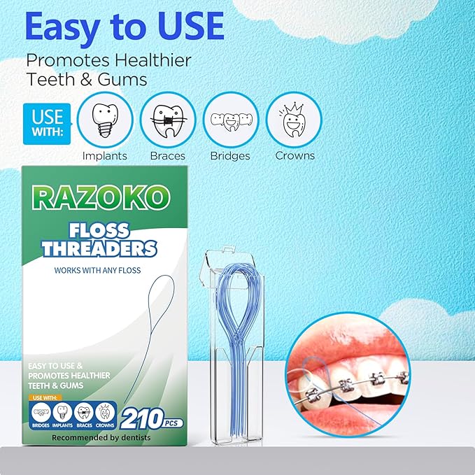 RAZOKO Floss Threaders | Dental Floss Threaders for Braces, Bridges, and Implants |210PCS (Pack of 3)