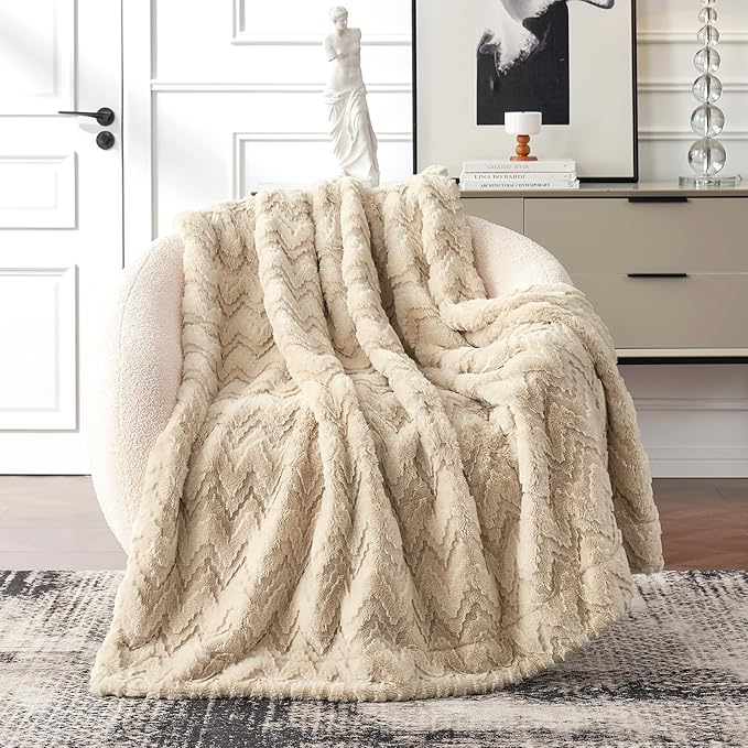 Cozy Bliss Faux Fur Throw Blanket for Couch - Soft Fuzzy Cozy Throw Gift Blankets for Women,Beige Boho Blanket for Sofa Bedroom Living Room.50 * 60 Inches-StrideForce Fitness