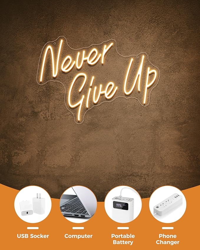 YIKBIK NEVER GIVE UPLED Neon Sign for Wall Decor,Neon Lights Party Decorations, USB Powered Switch Neon Lights lighting adjustable for Office Room, Gym Room, Man Cave, Gamer Room-StrideForce Fitness