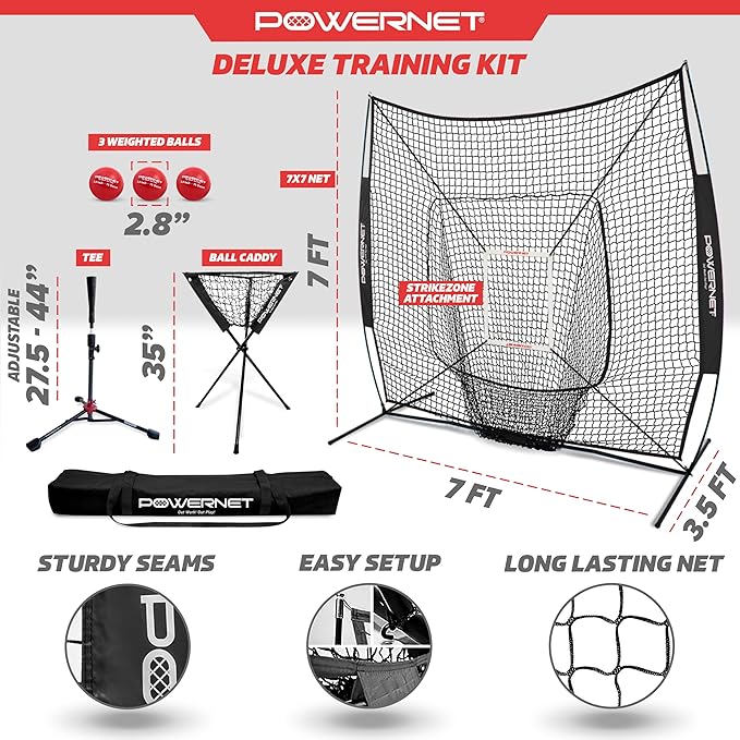 PowerNet Baseball Softball Practice Net 7x7 with Baseball Accessories for Practice Pitching, Batting & Fielding, Ball Caddy, Weighted Baseballs, Tee-StrideForce Fitness