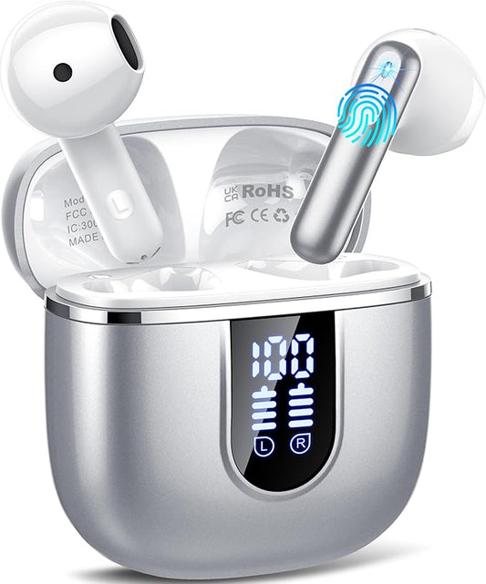 Wireless Earbuds, Bluetooth 5.4 Headphones with 3D Bass Stereo, 40H Ultralight in-Ear Buds, Bluetooth Earbuds with 4 ENC Noise Cancelling Mic, USB-C, IP7 Waterproof Earphones for Android iOS, Sillver-StrideForce Fitness