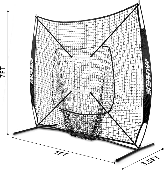 7'X7' Baseball Softball Practice Net,Pitching Net,Batting Net,with Baseball Tee,Bonus Strike Zone and Bow Frame,for Hitting,Pitching, Catching-StrideForce Fitness
