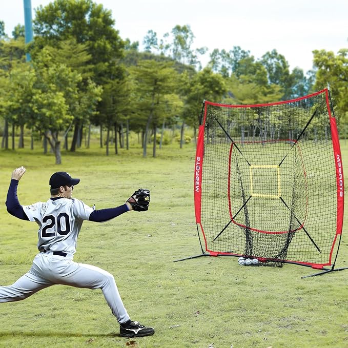 Storgem Baseball and Softball Practice Net 7×7ft Portable Hitting Pitching Batting Training Net Baseball Backstop Net with Batting Tee and Strike Zone and Bow Frame-StrideForce Fitness