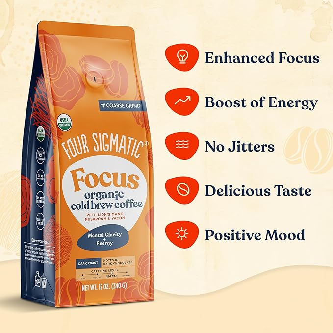 Four Sigmatic Organic Cold Brew Coffee Grounds | Dark Roast, Coarse Grounds with Lion's Mane and Chaga | Cold Brew Mushroom Coffee for Crash-Free Focus | 12 oz Bag-StrideForce Fitness