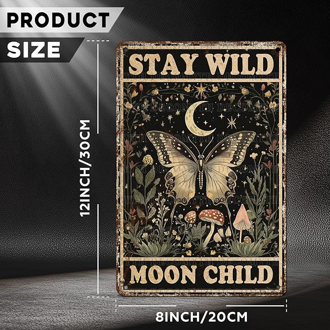 Vintage Tin Sign Butterfly Stay Wild Moon Tin Sign Retro Wall Decor for Home Office Room Wall Decor Poster 12 * 8inch-StrideForce Fitness