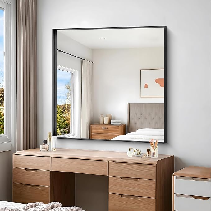 Black Bathroom Mirror, 42x42 Inch Rectangular Framed Mirror, Large Wall Mounted Bathroom Vanity Mirror Over Sink for Bedroom,Restroom, Living Room, Hangs Vertically or Horizontally-StrideForce Fitness