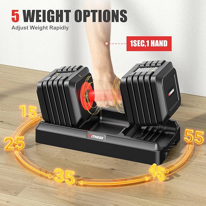 XDDIAS Adjustable Dumbbell Set of 2, 25/55/80LB Dumbbell Set-1Sec Adjustable Weights-5/10 in 1 Free Weights Dumbbells Set with Effortless Tray/No-Slip Handle-Compact Size for Women/Men at Home Gym-StrideForce Fitness