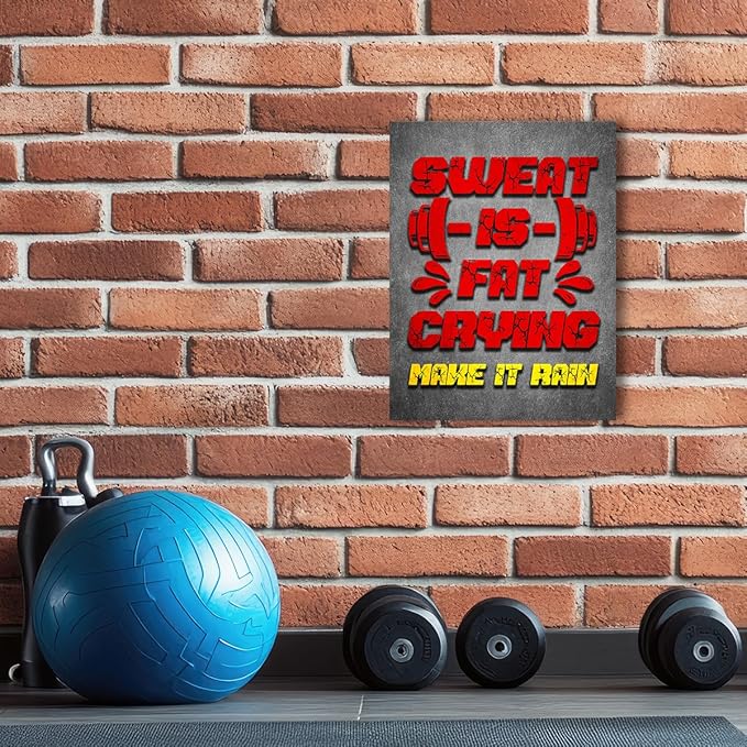 Gym Quotes Wall Art,Inspirational Workout Wall Decor,Sweat is Fat Crying Canvas Wall Art for Home Gym Exercise Fitness Room-StrideForce Fitness