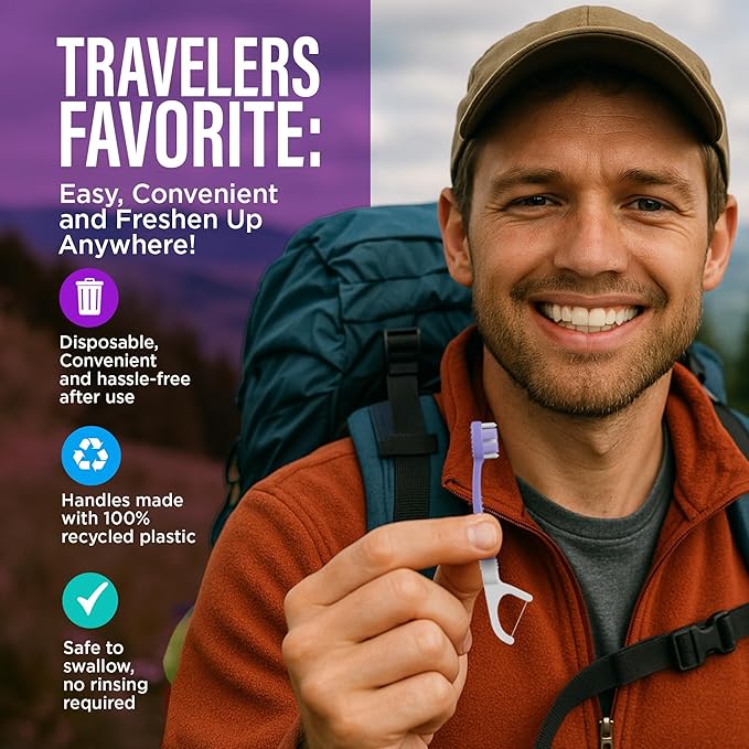 GuruNanda 6-in-1 Ready-to-Go Disposable Toothbrush, Pre-Pasted Butter on Gums Softex Bristles, Floss & Toothpick, Tongue & Cheek Cleaner, Individually Wrapped & TSA Friendly, 21 Ct