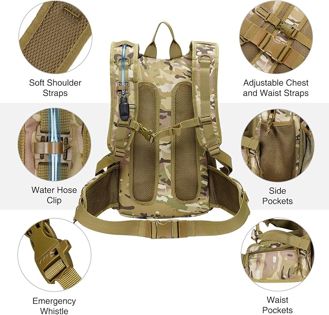 22L Tactical Hydration Backpack with 3L Water Bladder, Lightweight Molle Water Bag for Men Women, Hiking Hydration Pack for Cycling Running Biking Hunting, Daypack with Waist Pocket, Camo-StrideForce Fitness