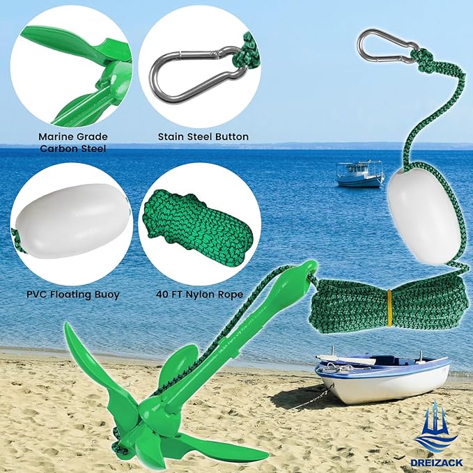 Dreizack Kayak Anchor Kit, 3.5 lb Folding Grapnel Boat Anchor Trolley Accessories with 40ft Rope and PVC Buoy for Fishing Kayaks SUP Paddle Boards Canoes Jet Ski PWC Inflatable Small Boats-StrideForce Fitness