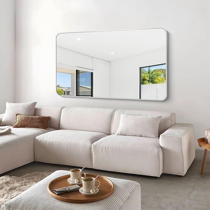 Silver Bathroom Mirror,60x36 inch Wall Mirror for Bathroom Wall Mounted,Rectangle Mirror for Bathroom Over Sink,Modern Frame Round Corner for Living Room,Bedroom Entryway,Horizontal/Vertical-StrideForce Fitness
