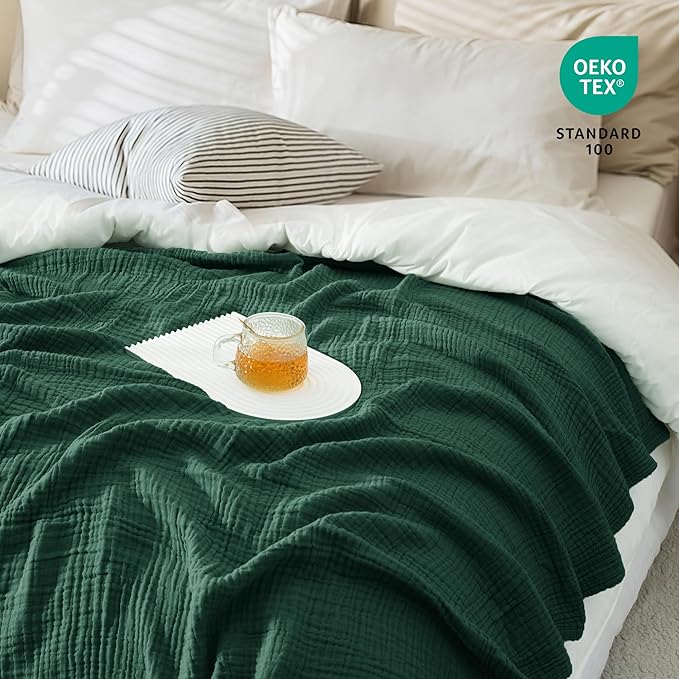 Carriediosa 100% Cotton Muslin Throw Blanket 50" X 70" Throw XL Size，4-Layers Summer Gauze Throws for Bed Couch，Soft Lightweight Breathable Linen Blankets Bedspread for Adults All Season，Dark Green-StrideForce Fitness