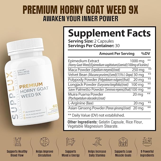 Premium Horny Goat Weed + 9 Ingredients - Performance Pills for Men for Fast Acting Blood-Flow, Build Muscle & Supports Men's Health | 9 Backed Ingredients | 3rd Party Tested Supplement - 60 Pills-StrideForce Fitness