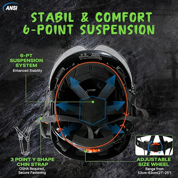 AOLAMEGS Construction Safety Hard Hat - ANSI Z89.1 Type Ι OSHA Approved Safety Helmets with Chin Straps Lightweight Reflective Vented ABS Hard Hats For Men Women Industrial Workwear 6-point Suspension-StrideForce Fitness