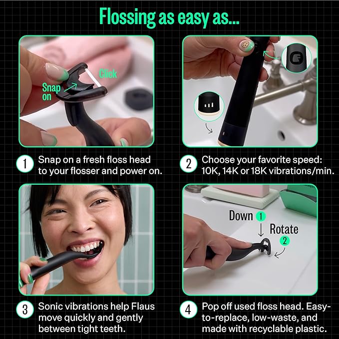 FLAUS Electric Flosser (Shark Tank) 3 Speeds + 135 Refill Heads (Floss Variety Pack: Extra Strong Woven & Gentle Gliding) Water Flosser Alternative, Dentist Designed Tooth Flossers Dental Floss Picks