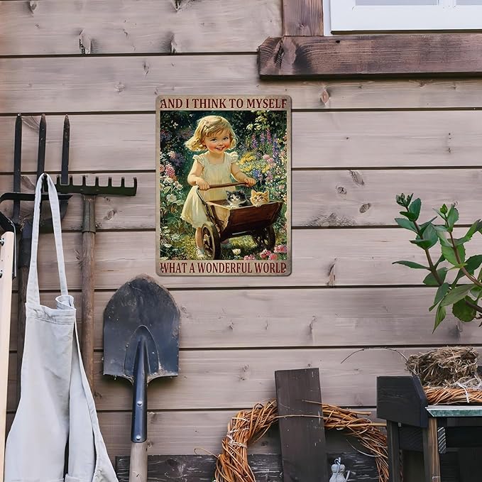 Garden Girl Metal Tin Sign Wall Art Rustic Vintage Outdoor Decor And I Think To Myself What A Wonderful World Quote 12 * 16inch-StrideForce Fitness